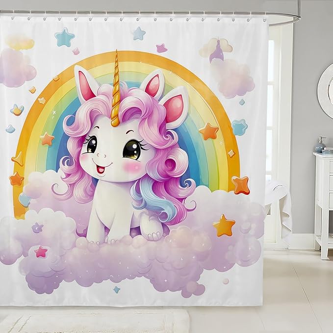 Feelyou Cute Unicorn Fabric Shower Curtain Kids Rainbow Bathroom Waterproof Accessories with 12 Hooks for Boys Girls Bright Colorful Shower Curtain Star Cloud Curtains,72x84 Inches