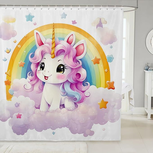 Feelyou Cute Unicorn Fabric Shower Curtain Kids Rainbow Bathroom Waterproof Accessories with 12 Hooks for Boys Girls Bright Colorful Shower Curtain Star Cloud Curtains,72x84 Inches