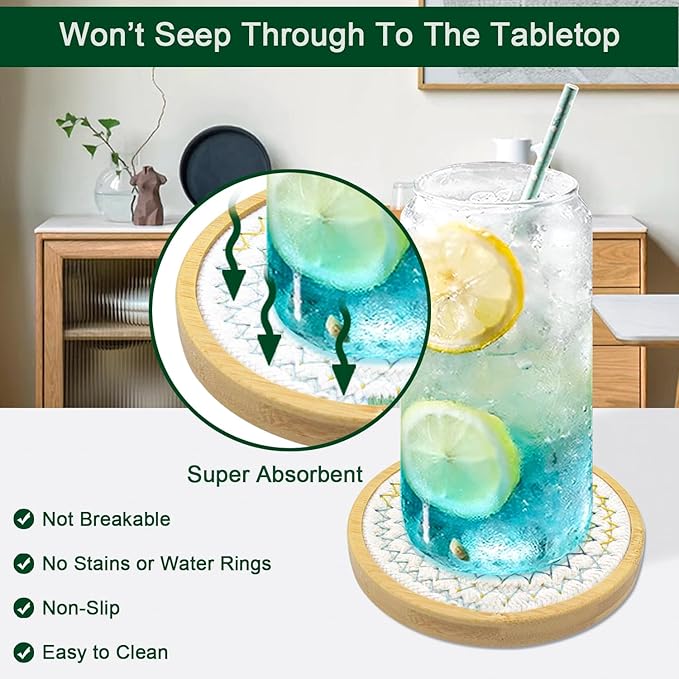 5 Pack Bamboo Wood Drink Coasters, Absorbent, 4.3 Inch Round Coasters for Coffee Tables, Kitchen, Farmhouse, and Office (White Series)