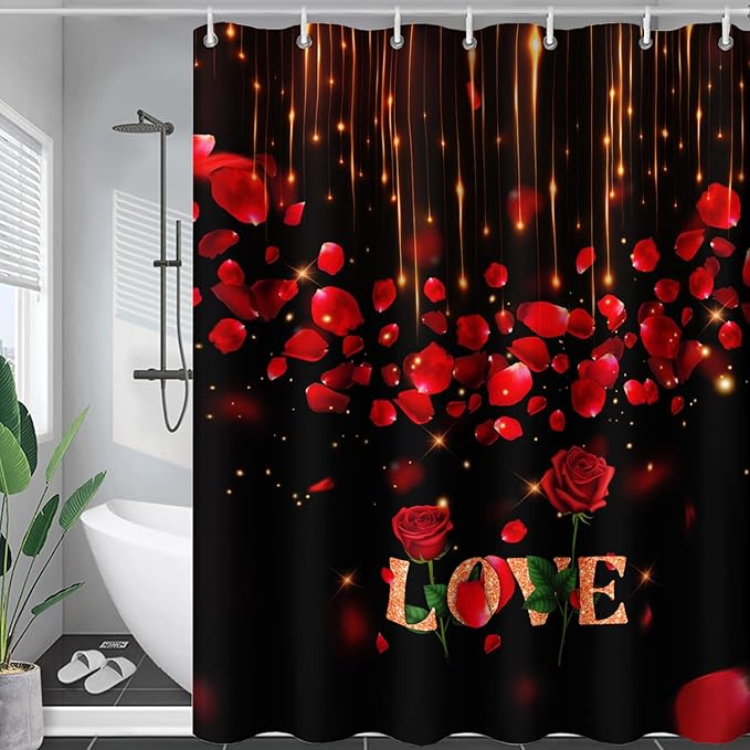 AILONEN Red Rose Flower Shower Curtain,Red and Black Shower Curtain,Romantic Flower Couple Lover Bath Curtain,Rose Themed Bathroom Decor,Waterproof 36" W x 72" H
