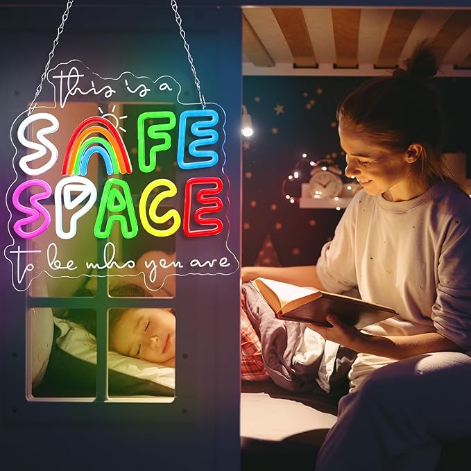 Retisee 13x13 Inches Safe Space Neon Sign This Is a Safe Space to Be Who You Are LED Neon Sign Dimmable Light up for Classroom Therapy Office Home Room Wall Decor