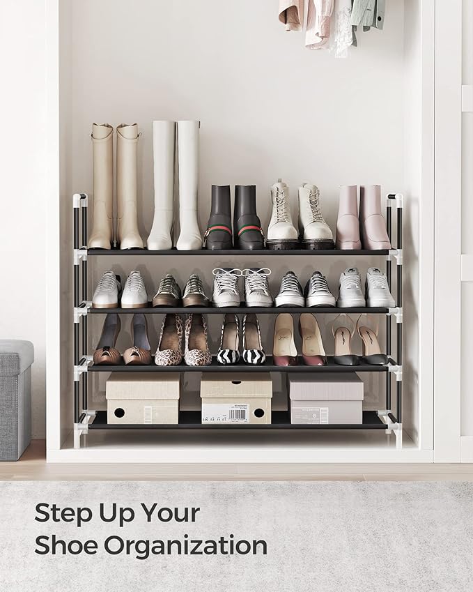 SONGMICS 4-Tier Shoe Rack, Shoe Storage for Hallway Closet, Slim and Space-Saving, Metal Frame, Non-Woven Fabric Shelves, Black ULSH054B01
