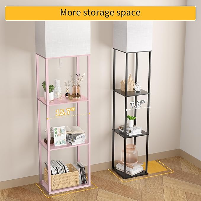 Dott Arts Floor Lamp with Shelves, Wide Floor Lamps for Living Room Display Shelf Lamps with 3 Color LED Bulb,Storage Wood Modern Floor Lamp for Bedroom Standing Lamp for Living Room Office（Pink）