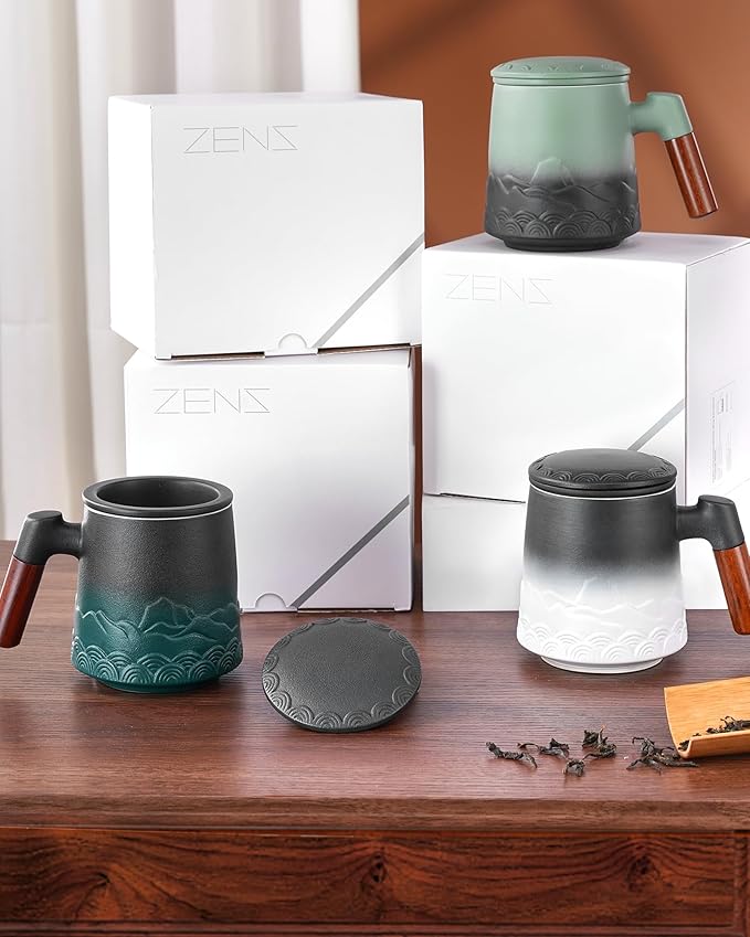 ZENS Mug With Infuser and Lid for Loose Leaf Steeper, 16.9oz Embossed Ceramic Cup With Fine Strainers, Wood Handle Large Diffusers, Tea Accessories for Lovers Gifts