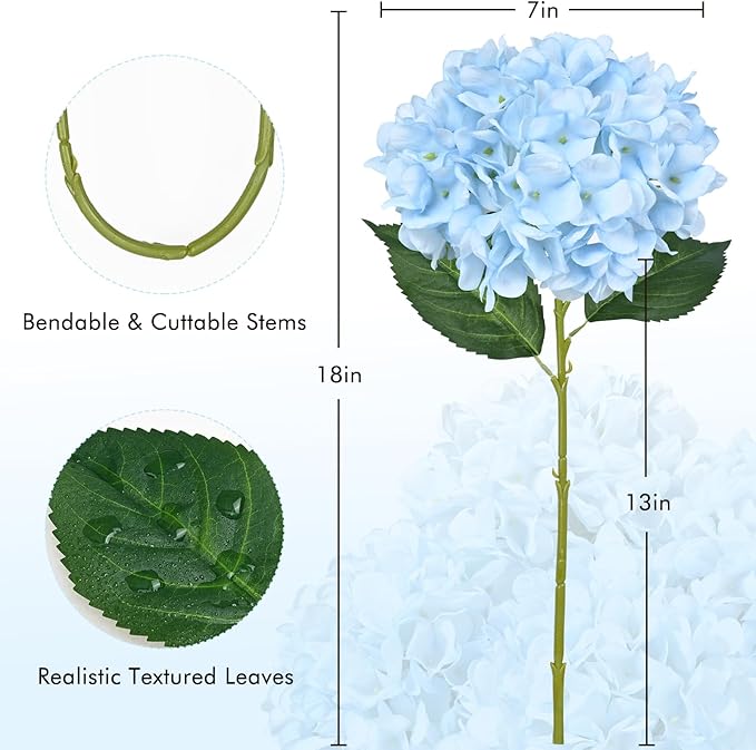 BLEUM CADE 8 Pcs Blue Hydrangea Artificial Flowers with Realistic Stems, 18In Large Fake Blue Flowers, Faux Flower for Home Party Decor Outdoor Wedding Bouquets Table Centerpieces Decoration