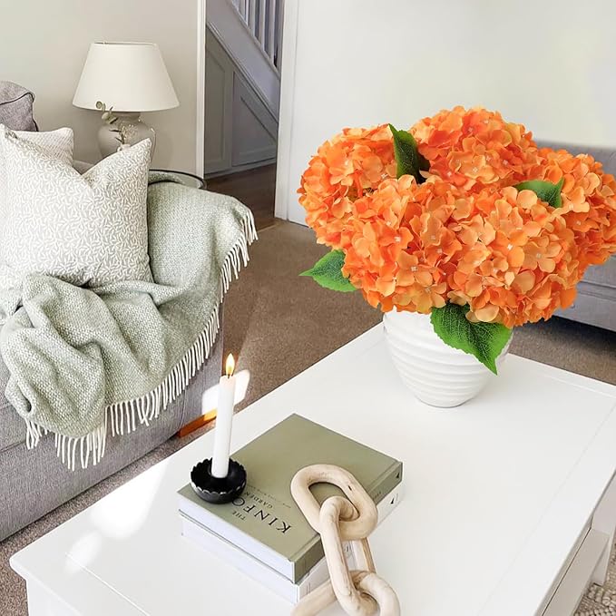5Pcs 20Inch Orange Artificial Hydrangeas, Full Silk Flower Heads with Stem, Halloween Fake Hydrangea Flowers for Wedding Home Garden Centerpiece Floral Arrangements