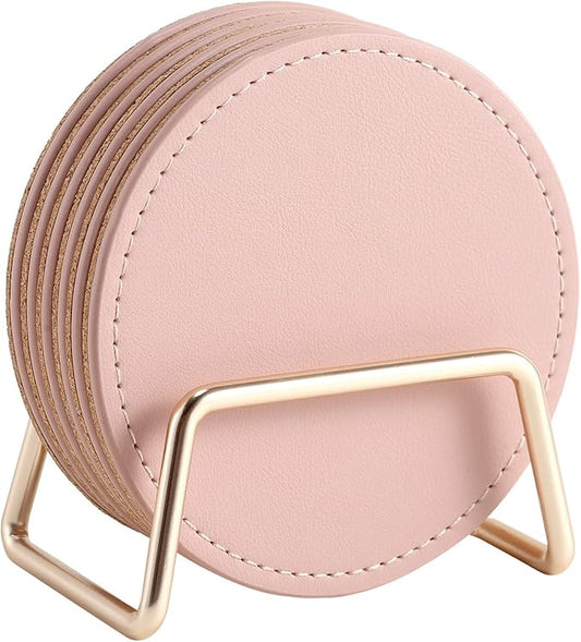 CASEGRACE Drink Coasters with Metal Holder Stand Set of 6, PU Leather Absorbent Coasters with Cork Base Table Coaster Set Decorative Coffee Cup Coasters Housewarming Gift for Home Decor