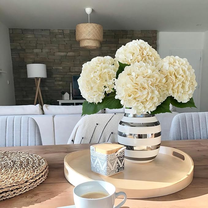 Boho Silk Hydrangea Artificial Flowers, 4Pcs 22" Large Lifelike Flowers,Artificial Hydrangeas for Indoor Bouquet Table Centerpieces Home（Cream/Yellow）