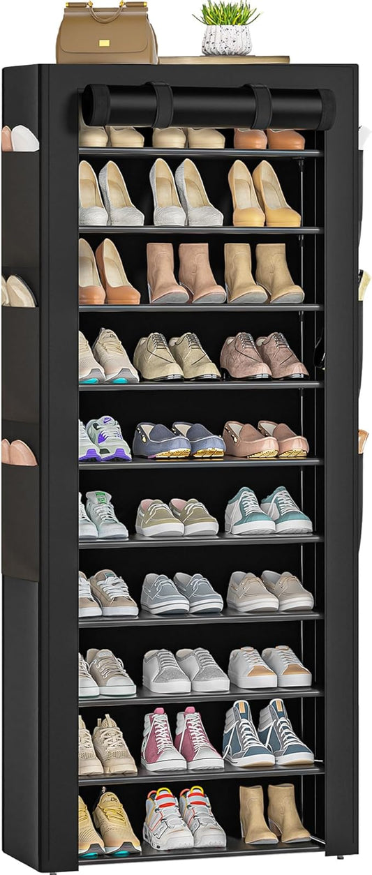 Large Shoe Rack, Black, 6 Side Pockets, 23.6" Wide x 11.4" Deep x 68.9" Tall, 36-41 Pairs of Shoes