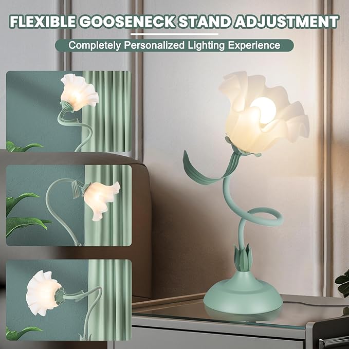 Flower Desk Lamp,LED Reading Light Bedside Vintage Flower Night Light,3 Colors Modes Cute Bedside Lamps Decor,Living Room Bedroom Room Kawaii Lighting Table Lamps Home Decoration (Green)