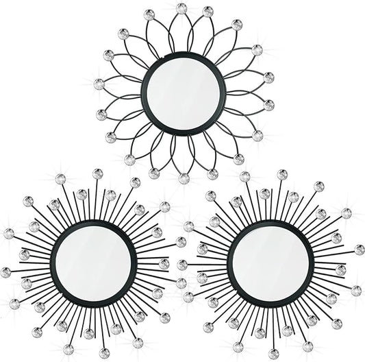 3 Pack Metal Mirrors for Wall Sunburst Wall Mirrors Home Décor Decorative Hanging Wall Art for Living Room Bedroom Entryway (Black Crystal, Flower+Sunburst)
