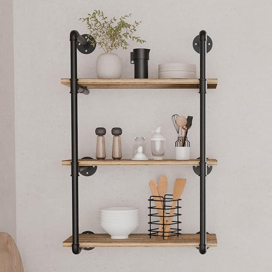 Industrial Pipe Shelf 24 inch,3 Tier Industrial Wall Shelves,Pipe Shelf with Wood Plank,Wall Mounted Bookshelf Shelving for Bathroom,Bedroom,Kitchen,Living Room