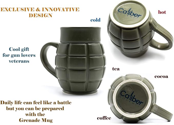 Caliber Gourmet Green Grenade Coffee Mug, Tactical Ceramic Weapon Cup, Perfect Novelty Gift for Military Enthusiasts, Fun & Unique Tactical Coffee Mug, Ideal for Birthdays, Father's Day, and Christmas