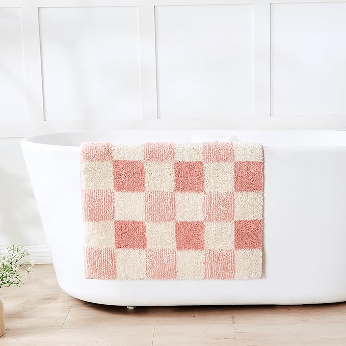CozeCube Pink Checkered Bath mats for Bathroom Non Slip, Fluffy Absorbent Microfiber Bath mat Washable, Aesthetic Bathroom Rugs, Large Bath mat for Shower, 36" x 24"