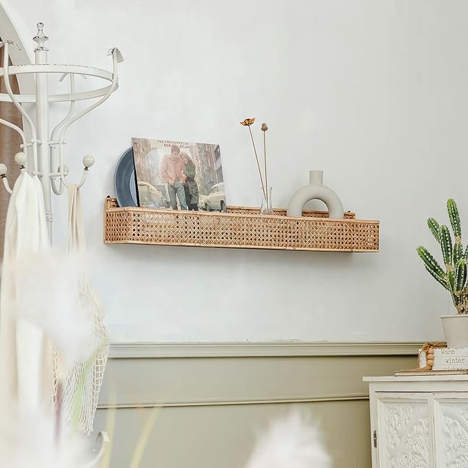 Boho Long Rattan Wall Shelf Farmhouse Woven Wall Mounted Shelf Basket Organizer Storage Rustic Floating Hanging Wall Shelf for Livingroom Home Decor