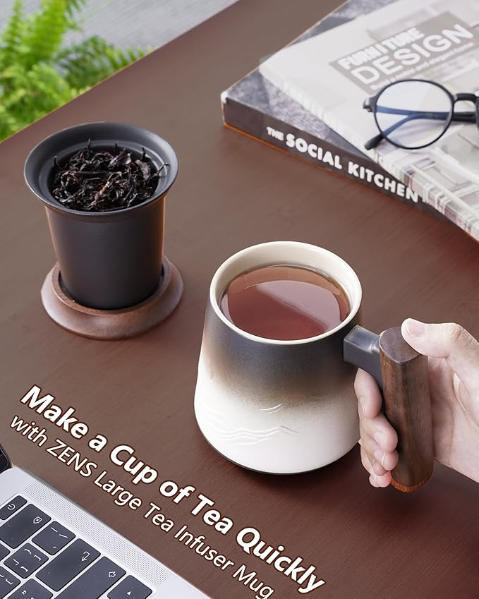 ZENS Tea Mug with Infuser and Lid for Loose Leaf Tea Steeper, 14.5 oz Embossed Ceramic Tea Cup with Fine Strainers and Wood Handle, Diffusers Accessories for Tea Lovers Gifts