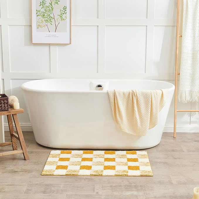 CozeCube Checkered Bath mats for Bathroom Non Slip, Fluffy Absorbent Microfiber Bath mat Washable, Aesthetic Bathroom Rugs, Cute Bath mat for Shower Sink, Harvest Gold, 32" x 20"