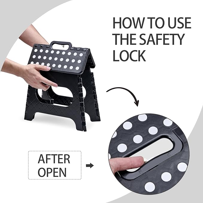 Folding Step Stool with Safety Lock, 11 Inch Pastic Foldable Stool for Adults & Kids, Portable Stepping Stool for Bathroom, Kitchen, with Anti-Skid Dots, Hold Up to 250lbs (Black, 11 Inch)