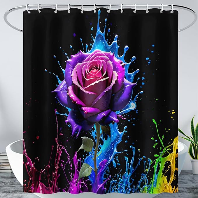 AILONEN Purple Rose Flower Shower Curtain for Bathroom,Splash-Ink Rose Bath Curtain for Kids Girls Women,Romantic Minimalism Curtain Waterproof with 12 Plastic Hooks, 72" W*72" H