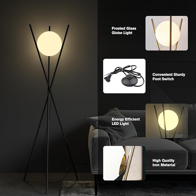 Solstice Modern Frosted Glass Globe Floor Lamp (165cm) Contemporary LED Dimmable Lighting for Bedroom, Living Room, Hotel & Home Office (Black)