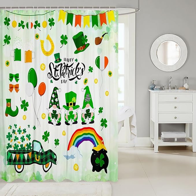 Manfei Happy St. Patrick's Day Kids Shower Curtains,Cartoon Gnomes Truck Leaves Rainbow Bathroom Curtains for Girls Boys,Irish Flag Holiday Green Cute Waterproof Curtains,12 Hooks Suits,72" W x 84" L