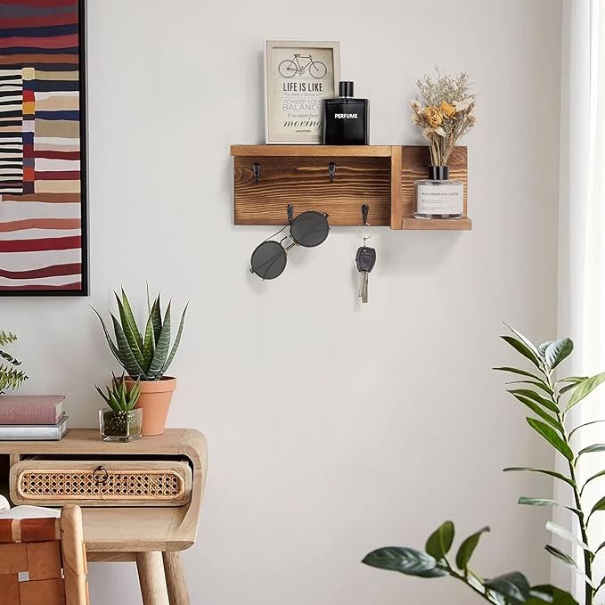 AKKO Wooden Key Holder for Wall Decorative Mail and Key Holder Organizer with 4 Key Hooks and “Z” Shape Wall Mount Floating Shelf,Rustic Home Decor for Wall, Entryway, Mudroom, Bathroom