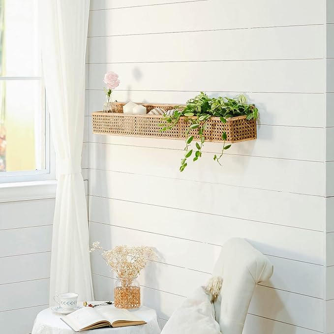 Boho Long Rattan Wall Shelf Farmhouse Woven Wall Mounted Shelf Basket Organizer Storage Rustic Floating Hanging Wall Shelf for Livingroom Home Decor