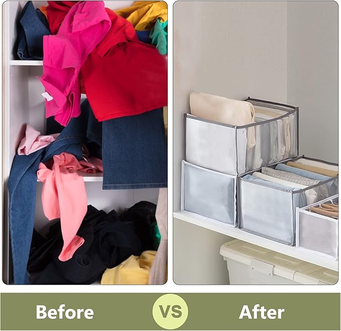 TOOVREN Upgraded Jeans Organizer for Closet, Wardrobe Clothes Storage, Mesh Foldable Compartment for Pants, Leggings, 2 Pack, Large 7 Grids