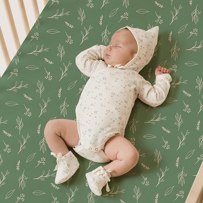 ACRABROS Crib Sheets for Girl Boy: Stretchy Baby Fitted Crib Mattress Sheets Sets 2 Pack Standard Size Ultra Soft Neutral, Blossom Deer&Green Leaf