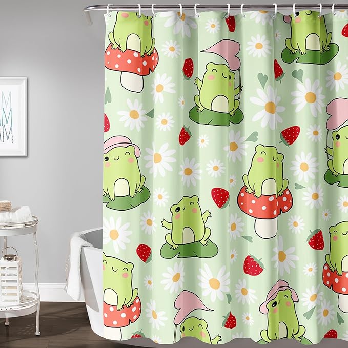 AILONEN Cute Frog Shower Curtain for Bathroom, Kawaii Strawberry and Frog Bath Curtain,Mushroom Frog Kids Girls Waterproof Curtain with 12 Plastic Hooks(72" W*96" H)