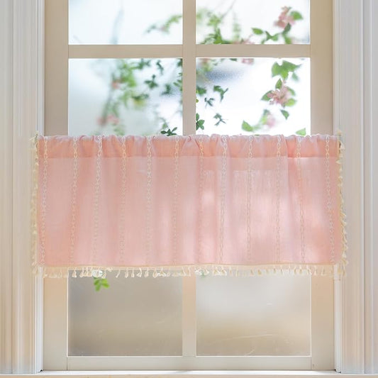 Sutuo Home Boho Valance Curtains for Road Tiers Windows, Bohemian Short Curtains Light Filtering French Country Tassels Window Treatment Embroidery Drape, Rod Pocket 1 Panel 52" W x 18" L, Pink