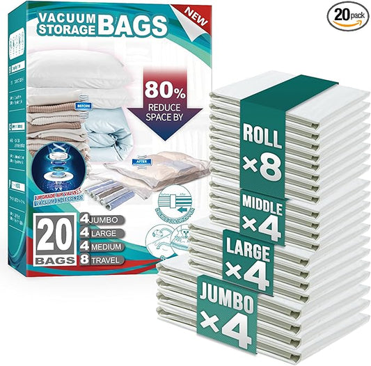 TAILI 20 Pack Combo Vacuum Storage Bags, Vacuum Seal Bags for Clothing (4 Jumbo, 4 Large, 4 Medium, 8 Travel Roll), Space Saver for Bulky Clothing, Beddings, Comforters, Saving More Closet Space