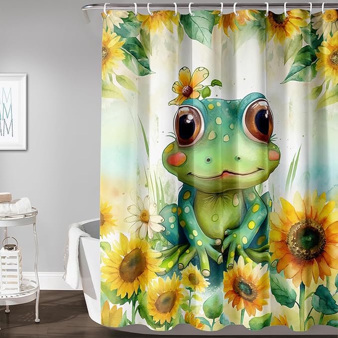 AILONEN Cartoon Green Frog Shower Curtain,Watercolor Sunflower Shower Curtain,Cute Kawaii Frog Curtain for Kids Girls Boys,Yellow Flower Animal Frog Print Waterproof Bath Curtain 72" W x 78" H