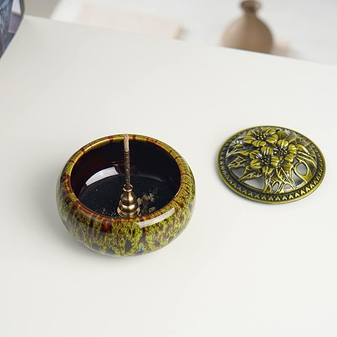 Incense Burner with Calabash Incense Stick Holder - Porcelain Charcoal Censer for Use with Resin Granular Powder Cone or Coil Incense (Kiln-Colored Green)