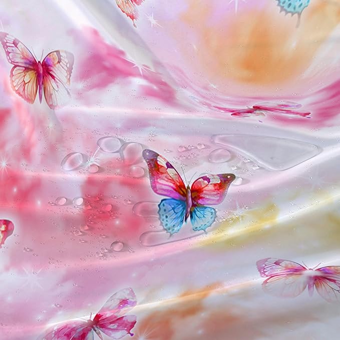 AILONEN Butterflies Shower Curtain Set, Colourful Butterfly Washable Fabric Shower Curtain for Girls,Shining Stars Waterproof Shower Curtain for Pink Lover,60" W*72" H