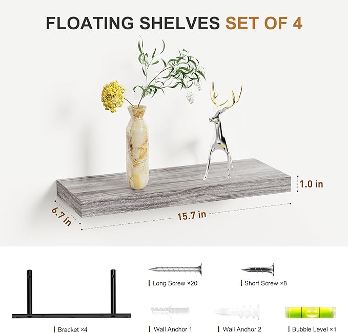Bellsal Floating Shelves for Wall, Gray Engineered Wood Wall Shelf Set of 4, 16" Walls Mounted Floating Shelf for Kitchen, Living Room, Bedroom, Bathroom Storage, Book Shelfs for Home Decor