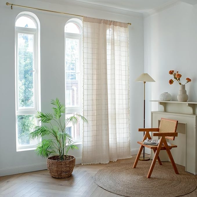 Sutuo Home Boho Curtains for Living Dining Room Bedroom 96 Inch Length, Light-filtering Vintage Chic Tassels Farmhouse Linen Window Treatment Bohemian Drape, 1 Panel 52" W x 96" L, Light Coffee Plaids