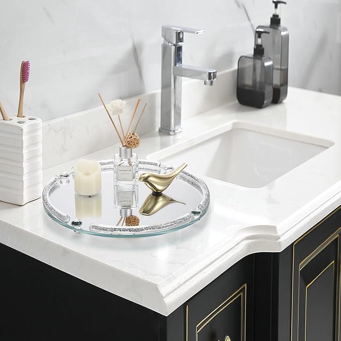 Hipiwe Glass Mirrored Tray, 11.8" Round Mirror Decorative Tray with Crushed Diamond Design for Jewelry, Cosmetics, Bathroom Countertop Makeup Organizer