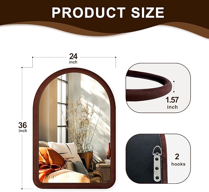 36"x24" Arched Bathroom Mirror, Wall Mounted Vanity Plush Flannel Frame Mirror for Bedroom, Entryway, Living Room, Dark Brown