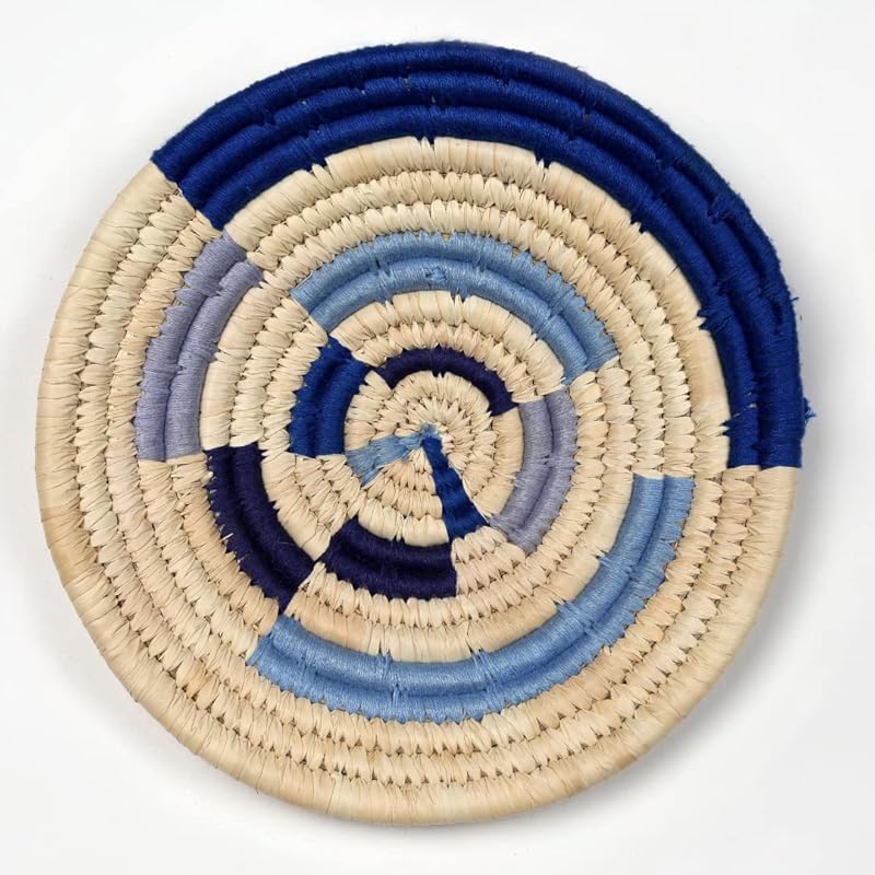 Set of 3 Round Boho Hanging Wall Basket Home Decor for Bedroom, Kitchen, Farmhouse Handmade Decorative Unique Indian Wall Decor Woven Wicker Baskets Christmas Gifting (Blue, Modish)