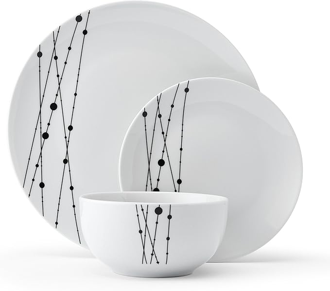 Studio Nova Linear Symphony 12 Piece Dinnerware Plate Bowl Set, Service for 4