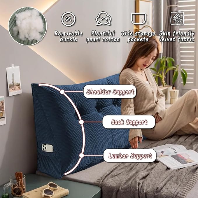 Gradient Velvet Triangular Wedge Pillow, Removable Cover Headboard Pillow for Daybed, Backrest Positioning Support Pillow Cushion Resting Reading Relaxing (Grey, Queen(59 * 20 * 8in))