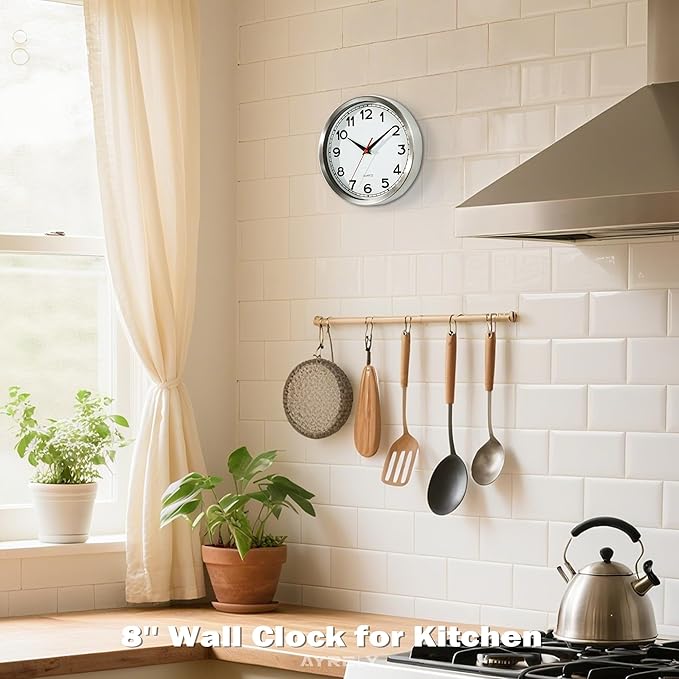 AYRELY® Wall Clock – 8 Inch Metal Decorative Modern Analog Clock, Silent Non-Ticking Battery Operated Small Classic Wall Clocks for Kitchen, Living Room, Bedroom, Office, Bathroom（Classic-8in）
