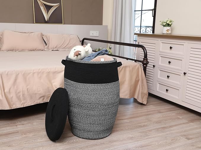 26" x 20" Tall Extra Large Storage Basket with Lid, Cotton Rope Storage Baskets, Woven Laundry Hamper with Cover, for Clothes Blanket in Living Room, Black in Black Light Grey Mix