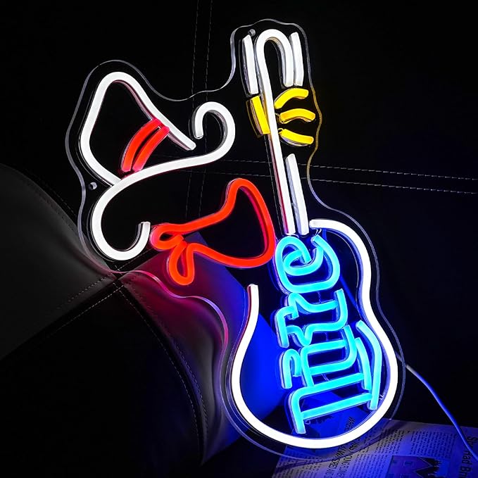 Cowboy Hat Neon Sign for Wall Decor Guitar Neon Light Beer Bar Sign Music Neon Signs LED Sign Neon Lights for Wall Art LED Neon for Home Bar Pub Shop Party Bar Led Sign(16.5"*12.9")