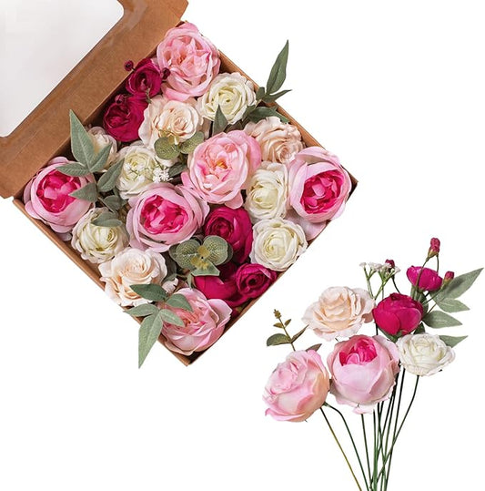 FANKO Rose Artificial Flowers Combo for DIY, Fake Rose Artificial Silk Flowers with Greenery, Real Looking Artificial Faux Flowers for Wedding, Table Decoration, Centerpieces, Party, Home Décor