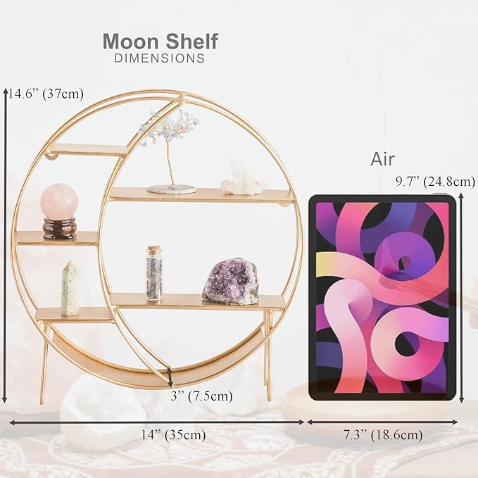 Moon Shelf for Crystals - Circle Shelf Wall Decor for Wall and Countertop - Crystal Shelf Display for Stones, Essential Oil, Pendulum - Boho Hanging Moon Shelves (Matte Gold)