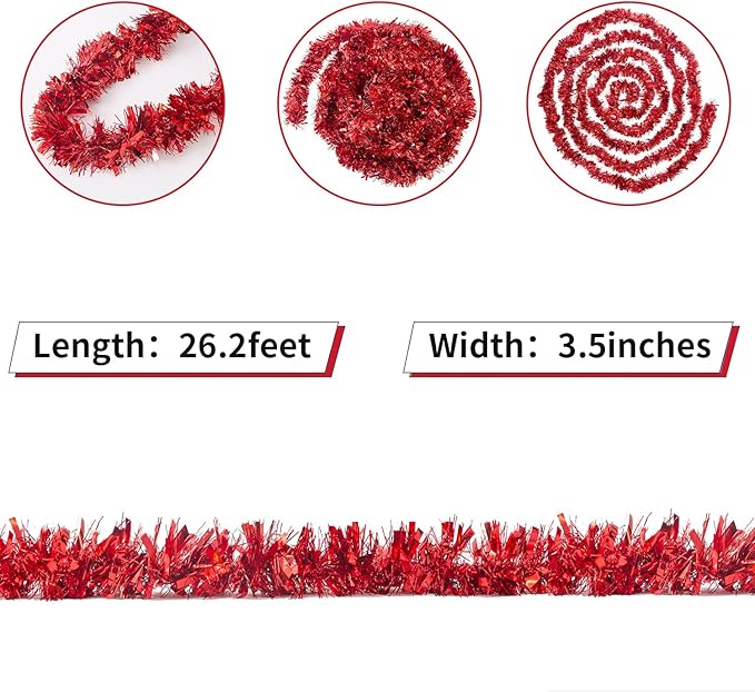 26.2 Feet Red Holiday Tinsel Garland for Graduation, Birthday, Weddings, Party Decorations, Christmas, Patriotic Foil Tinsel Garland for All-Season Home Indoor Outdoor Party Supplies(Red)