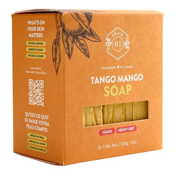 Handmade in Canada, Plant Based Cold Process Natural Bar Soap For Face And Body, With Premium Essential Oils, For Men And Women 3 Pack (Mango)