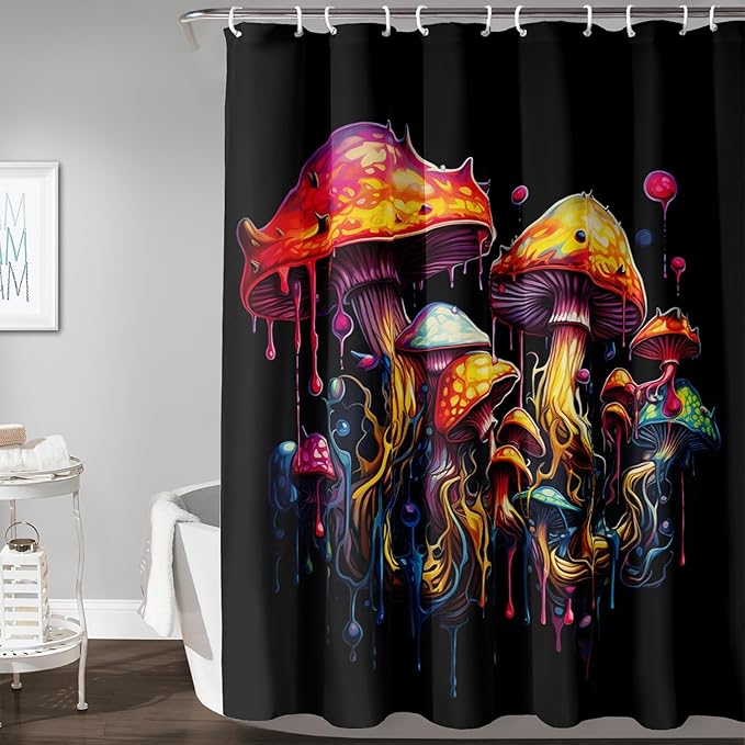 AILONEN Mushroom Shower Curtain,Oil Painting Mushroom Bath Curtain,Cartoon Mushroom Magic Fungus Print Black Waterproof Shower Curtain with 12 Plastic Hooks, 72" W x 84" H
